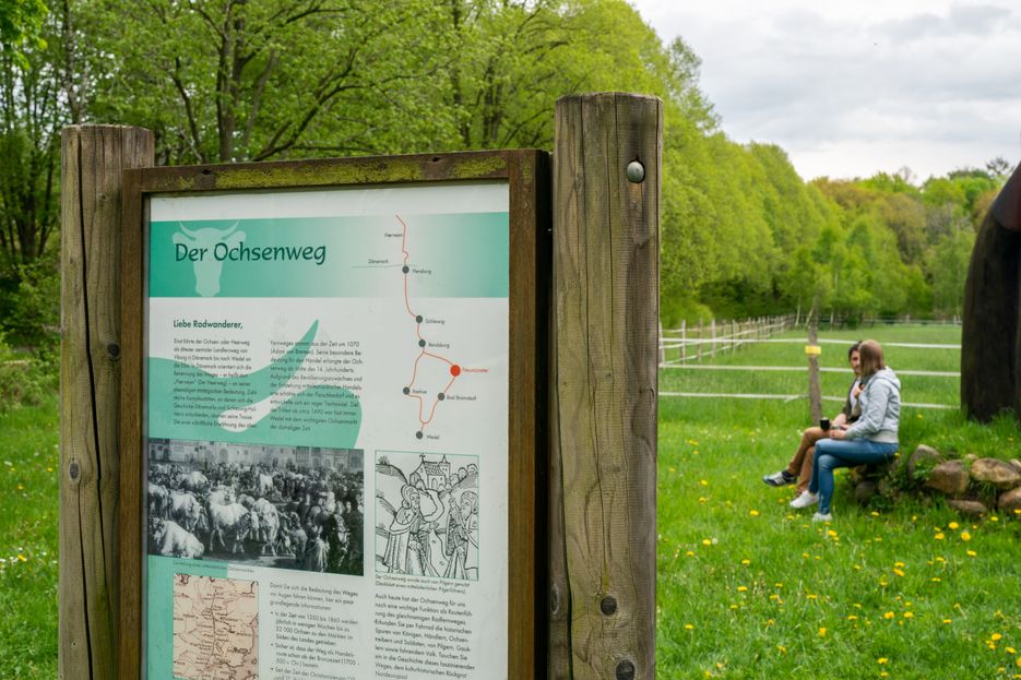 Radfahrer machen auf einem Rastplatz bei Neumünster Pause, im Vordergrund steht eine Infotafeln zum Ochsenweg