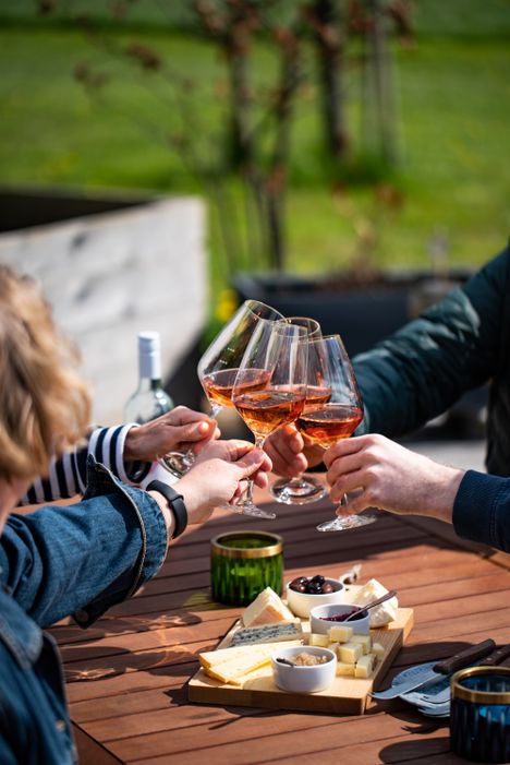 Freunde stoßen mit einem Wein an. 